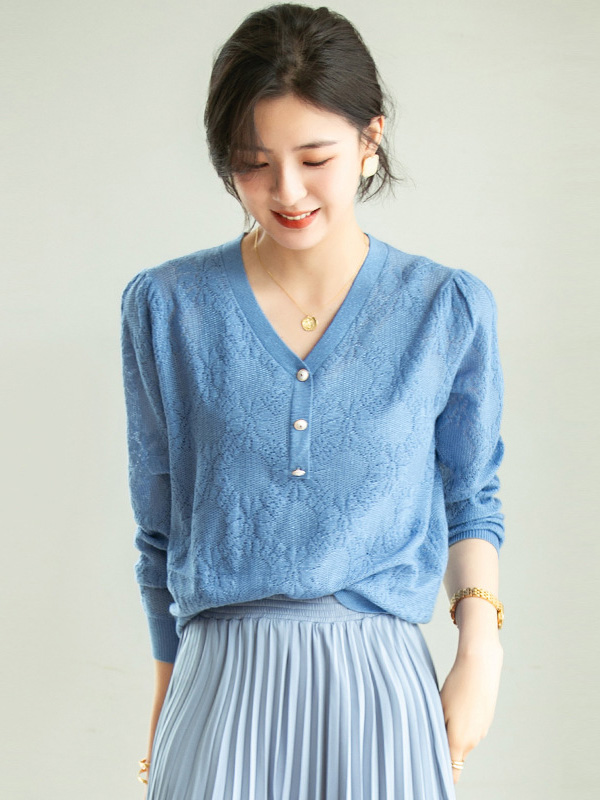 Blue V-Neck Hollow-out Knit Top