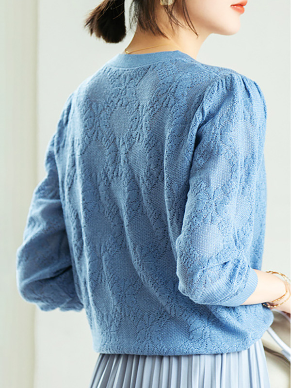 Blue V-Neck Hollow-out Knit Top