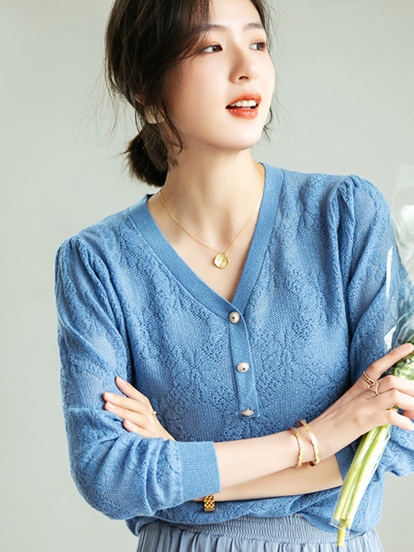 Blue V-Neck Hollow-out Knit Top