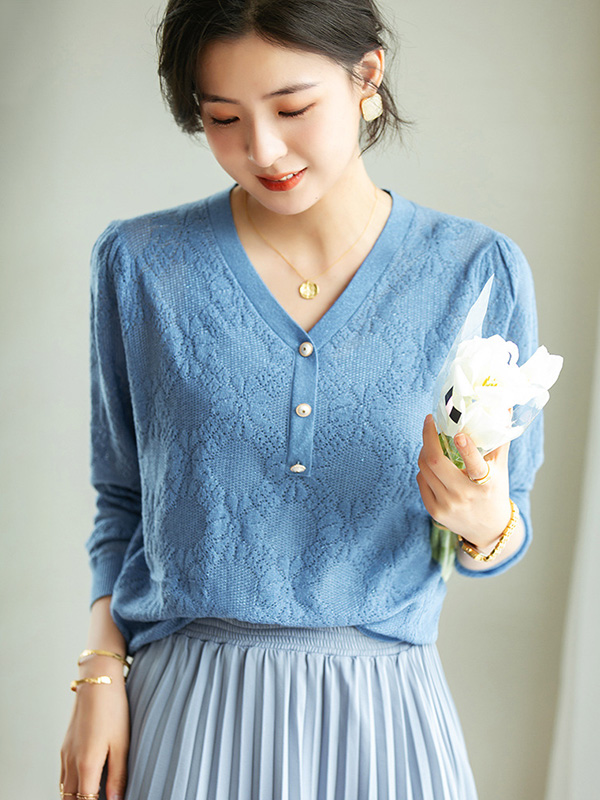 Blue V-Neck Hollow-out Knit Top