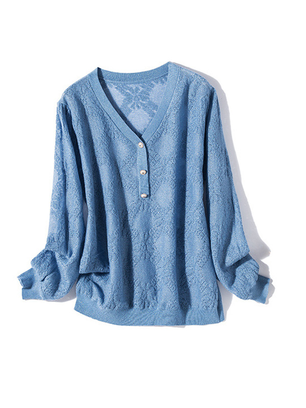 Blue V-Neck Hollow-out Knit Top