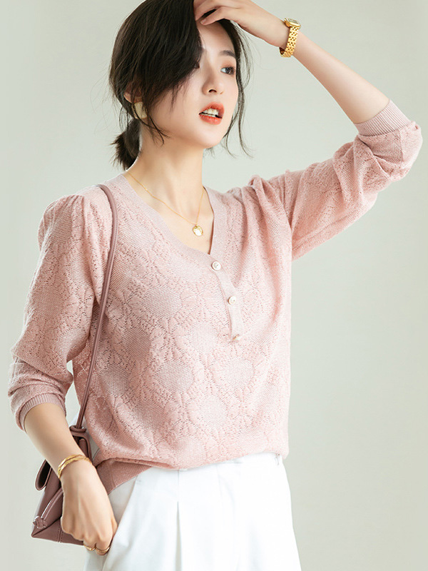 Pink V-Neck Hollow-out Knit Top