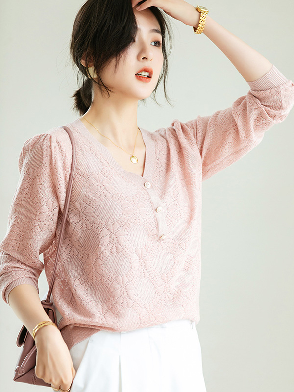 Pink V-Neck Hollow-out Knit Top