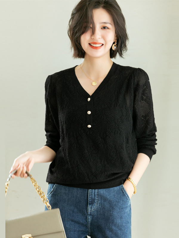 Black V-Neck Hollow-out Knit Top