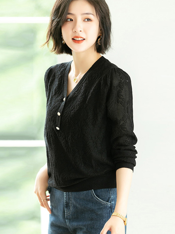 Black V-Neck Hollow-out Knit Top