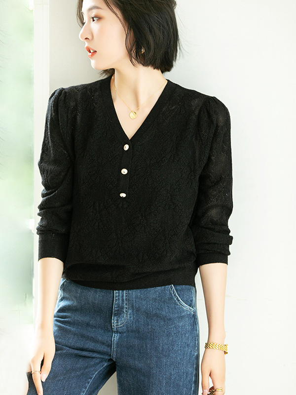 Black V-Neck Hollow-out Knit Top