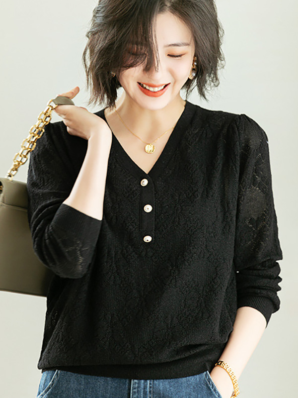 Black V-Neck Hollow-out Knit Top