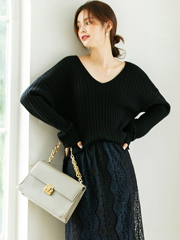 Black V-neck Ribbed Style Sweater