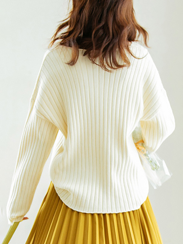 Beige V-neck Ribbed Style Sweater