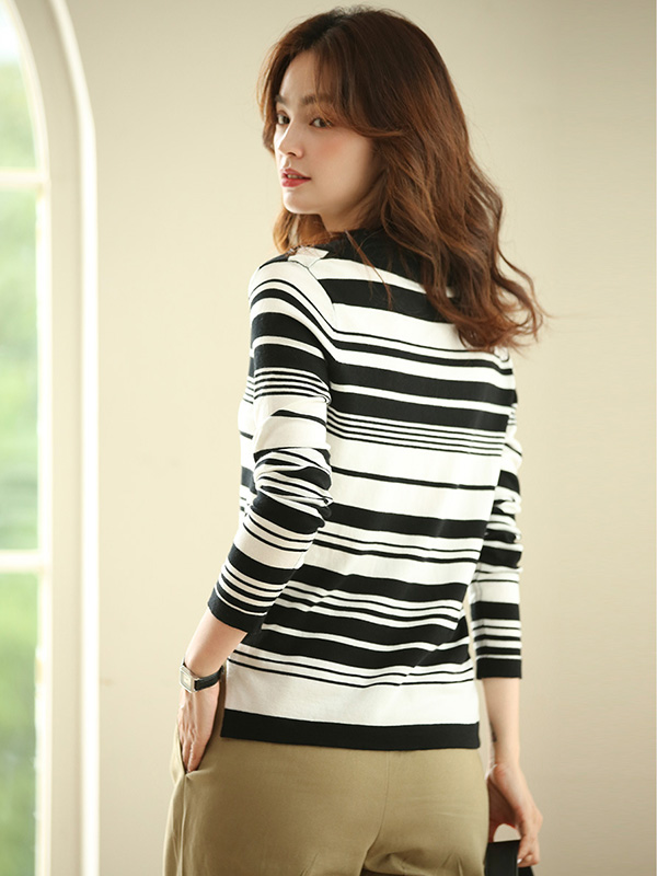 Black Striped Polo Collar Knitted Top