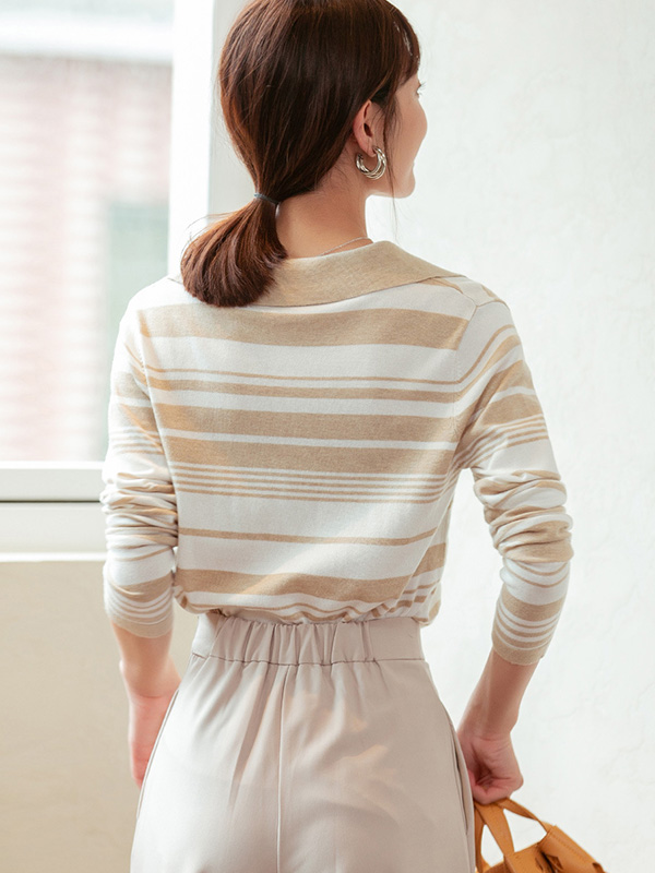 Apricot Striped Polo Collar Knitted Top