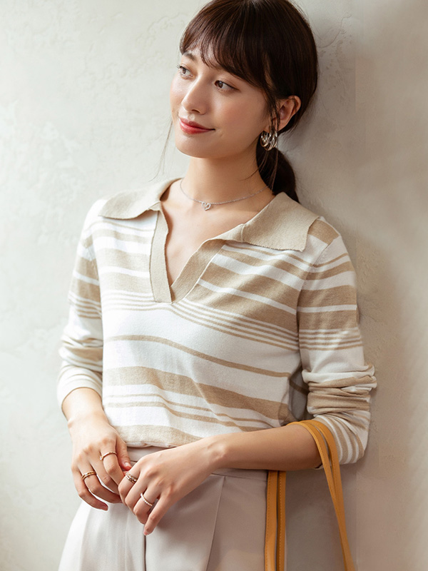 Apricot Striped Polo Collar Knitted Top