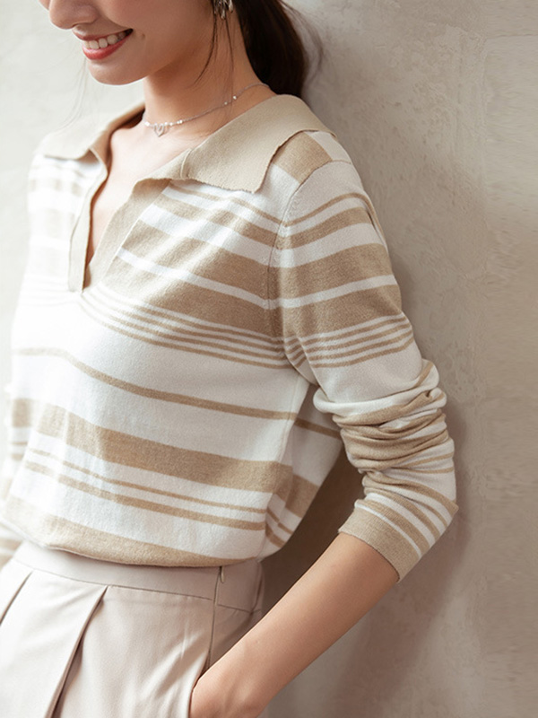 Apricot Striped Polo Collar Knitted Top