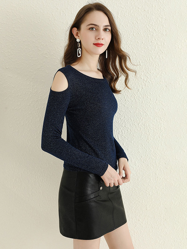 Navy Blue Cold Shoulder Knit Top