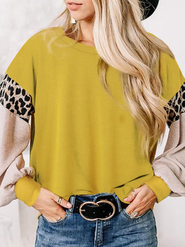  Yellow Lantern Sleeves Leopard Printing Knit Top