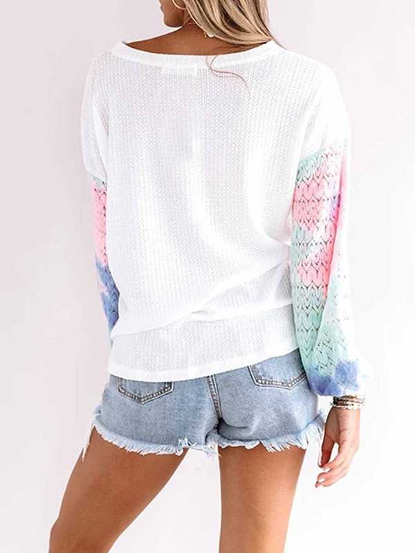 White V-neck Tie-dye Sleeves Knit Top