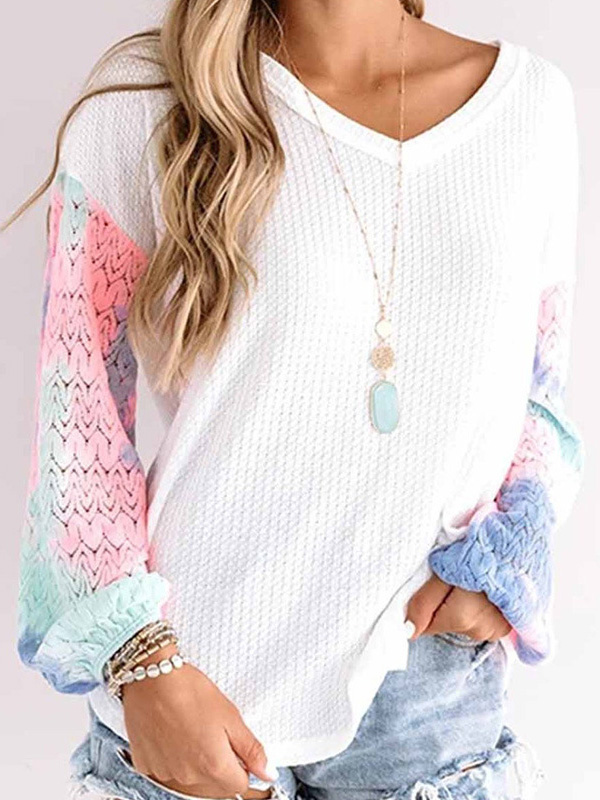 White V-neck Tie-dye Sleeves Knit Top