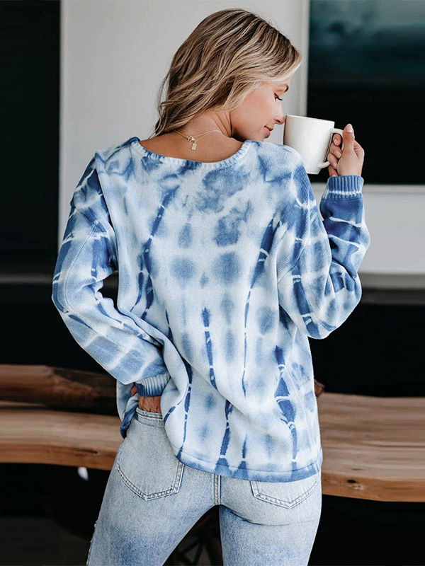 Blue Round Neck Tie-dye Knit Top