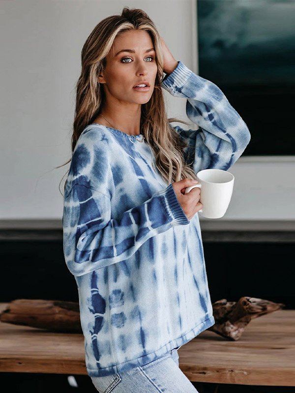 Blue Round Neck Tie-dye Knit Top