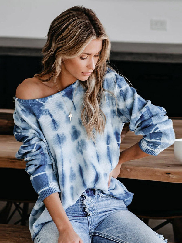 Blue Round Neck Tie-dye Knit Top