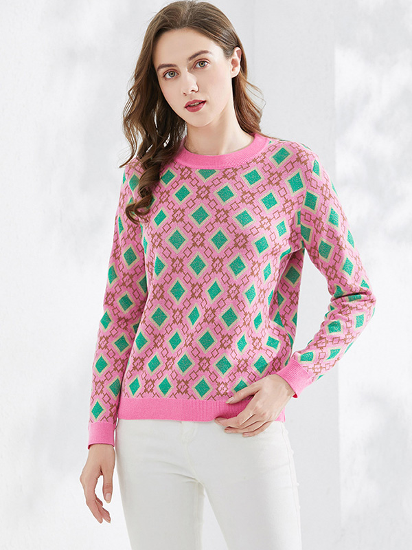 Pink Round Neck Diamond Check Knit Top