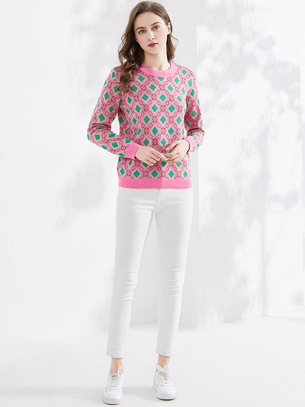 Pink Round Neck Diamond Check Knit Top