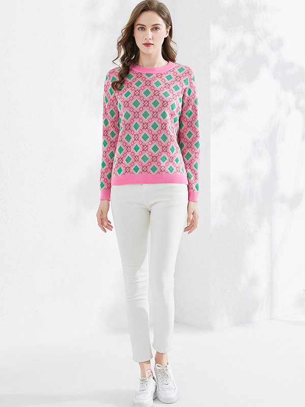 Pink Round Neck Diamond Check Knit Top