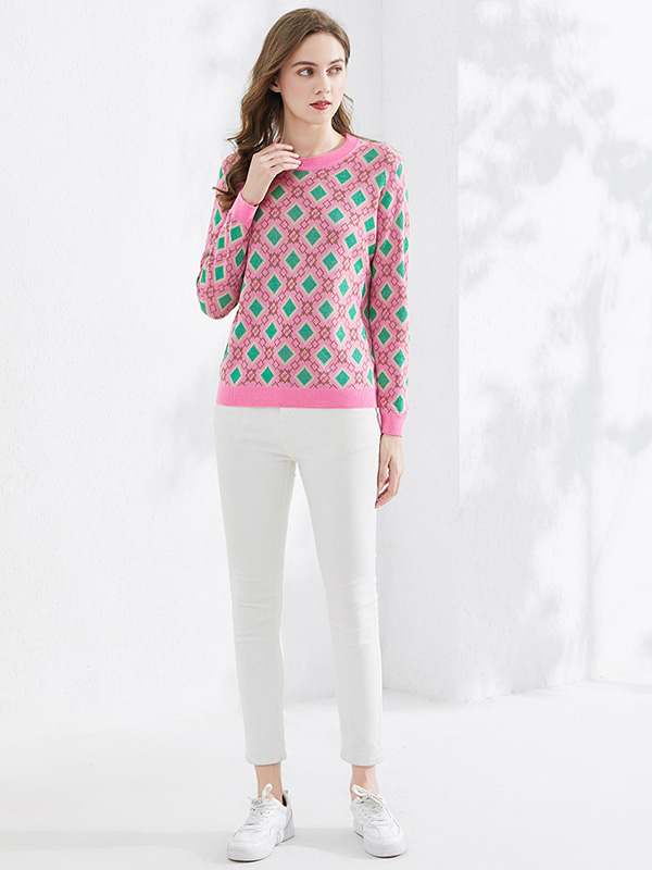 Pink Round Neck Diamond Check Knit Top