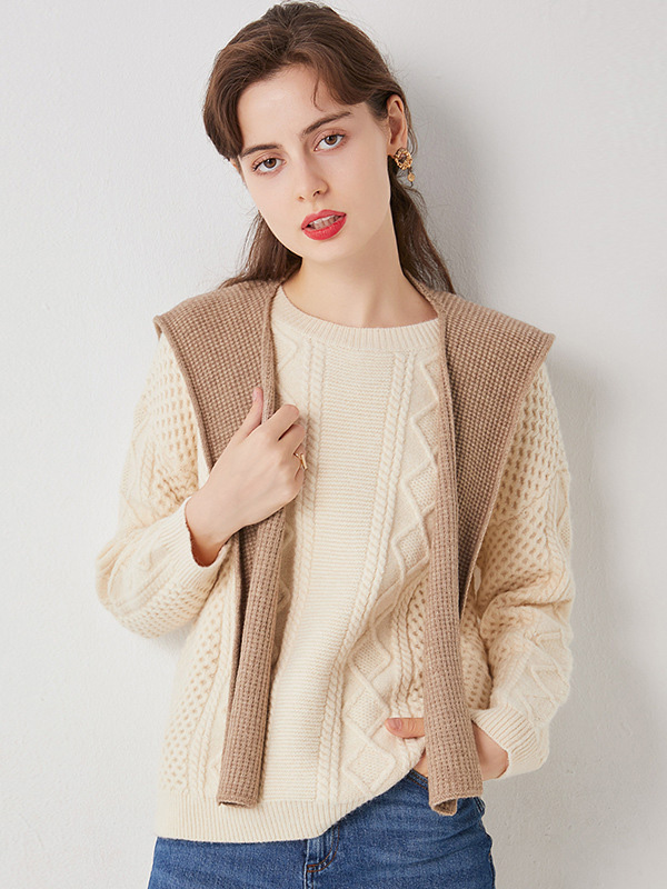 Apricot Round Neck Knit Top with Cape