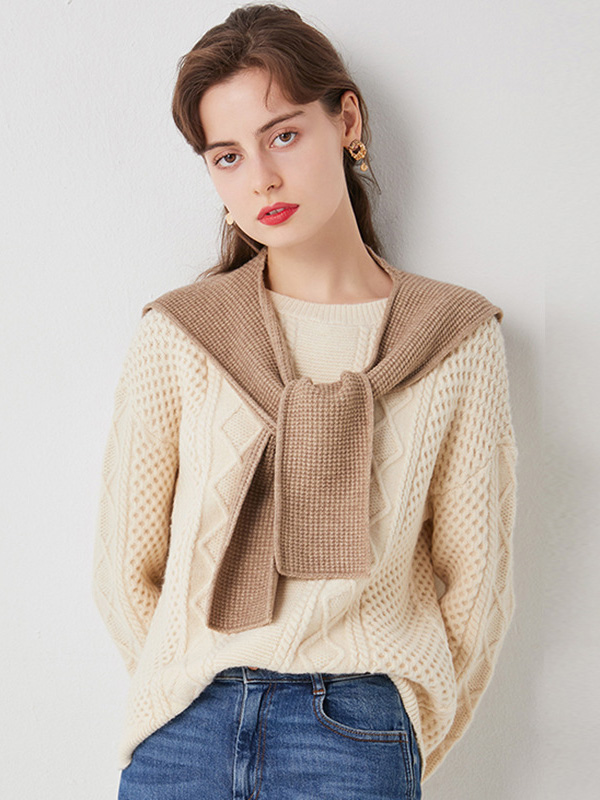 Apricot Round Neck Knit Top with Cape