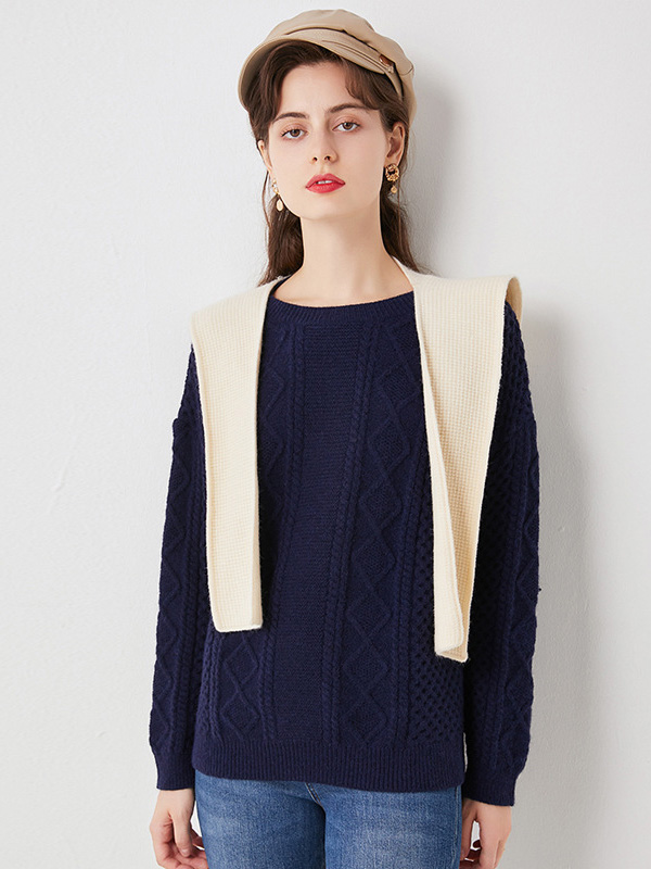 Navy Blue Round Neck Knit Top with Cape