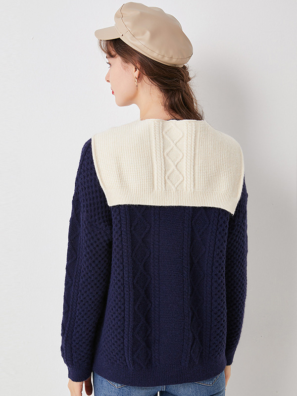 Navy Blue Round Neck Knit Top with Cape