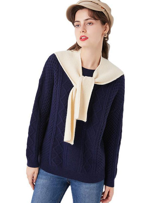 Navy Blue Round Neck Knit Top with Cape