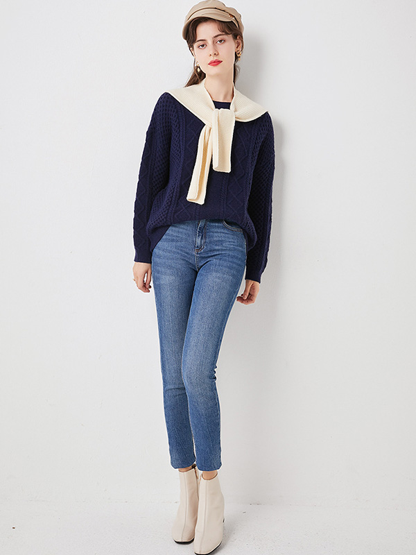 Navy Blue Round Neck Knit Top with Cape