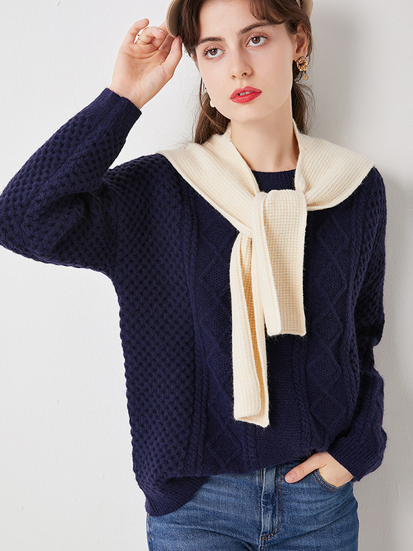 Navy Blue Round Neck Knit Top with Cape