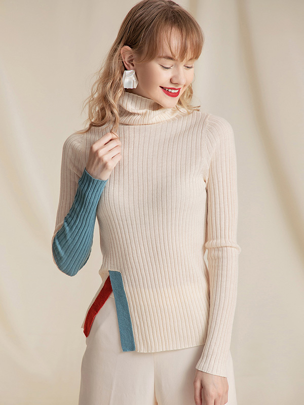 Khaki Color Block Turtleneck Side Split Sweater