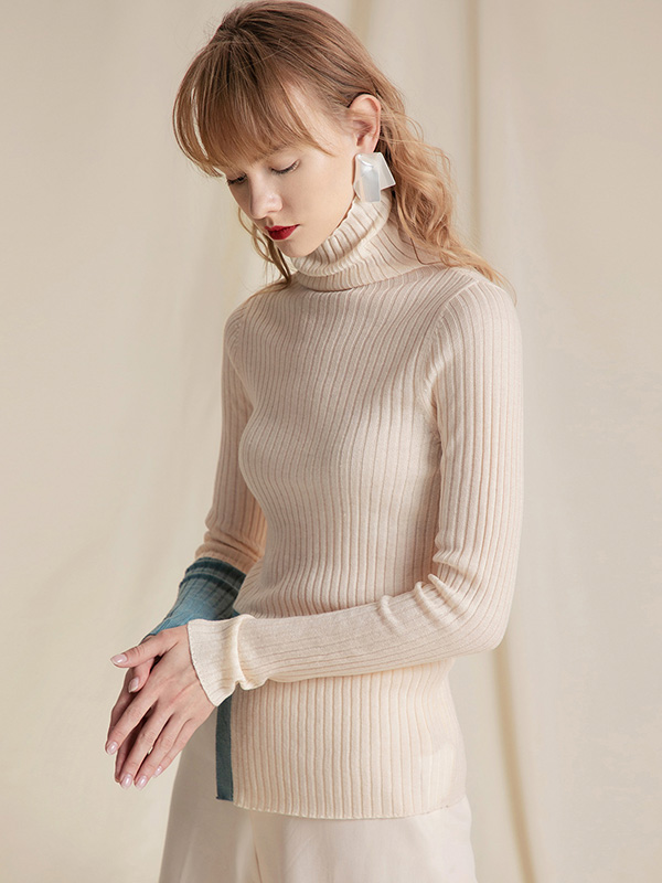 Khaki Color Block Turtleneck Side Split Sweater