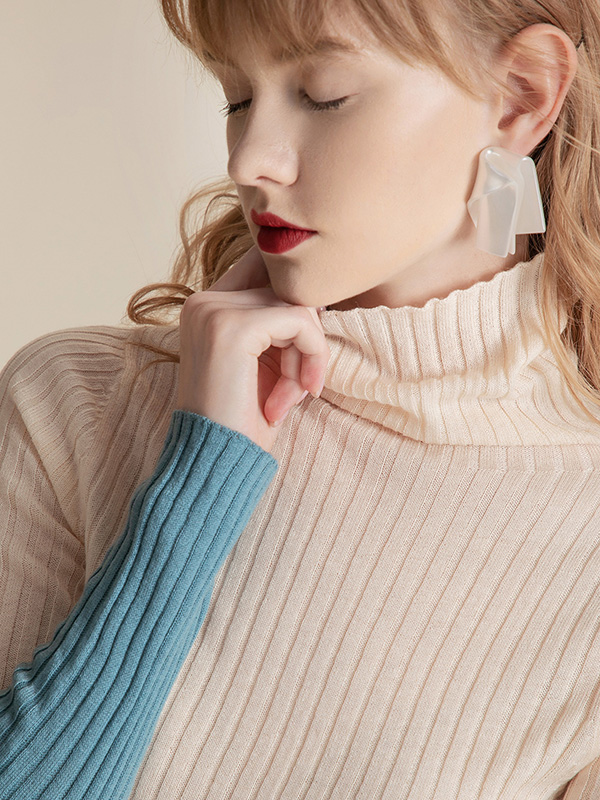 Khaki Color Block Turtleneck Side Split Sweater