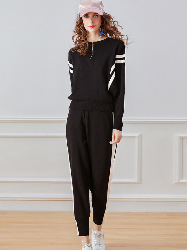 Black Bat Sleeves Sports Suit with White Stripe