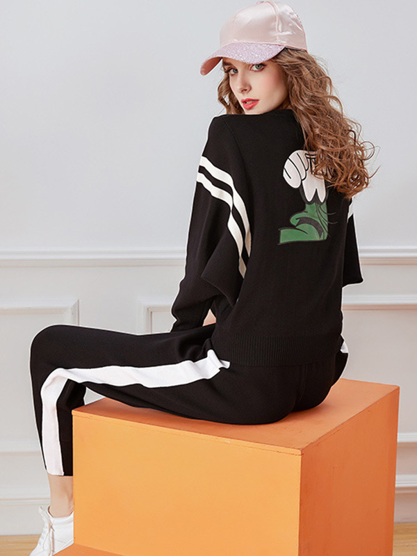 Black Bat Sleeves Sports Suit with White Stripe