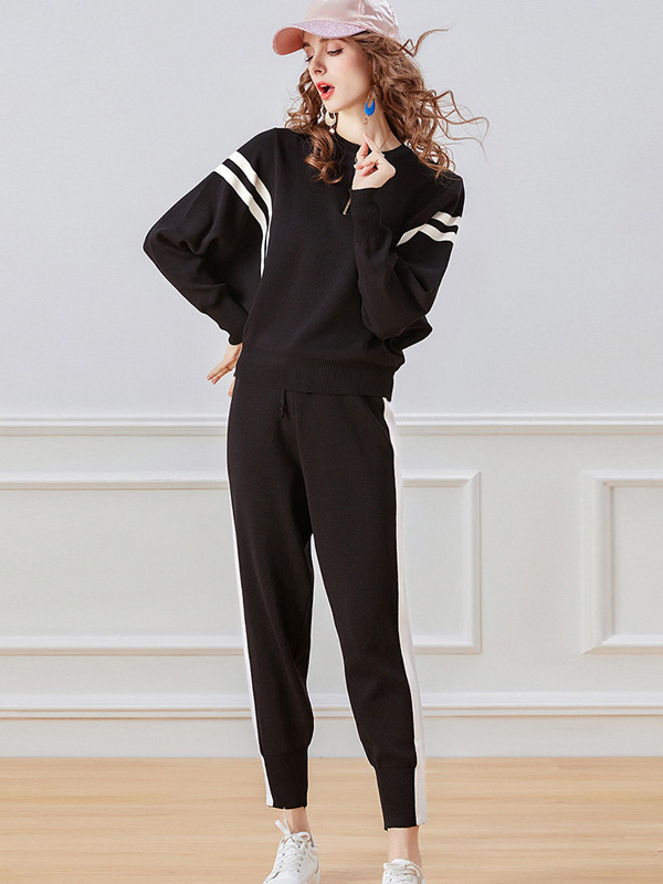 Black Bat Sleeves Sports Suit with White Stripe