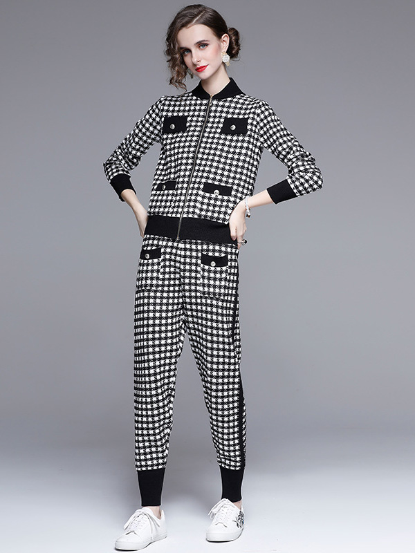 Black  Houndstooth Pattern Cardigan and Pants Set