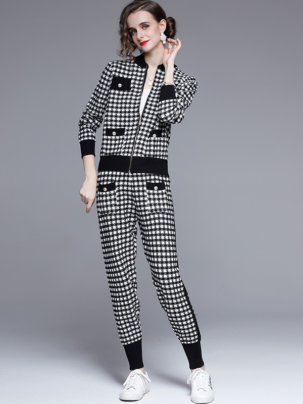 Black  Houndstooth Pattern Cardigan and Pants Set