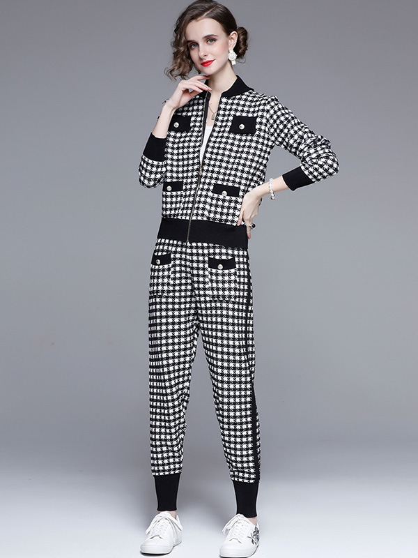 Black  Houndstooth Pattern Cardigan and Pants Set