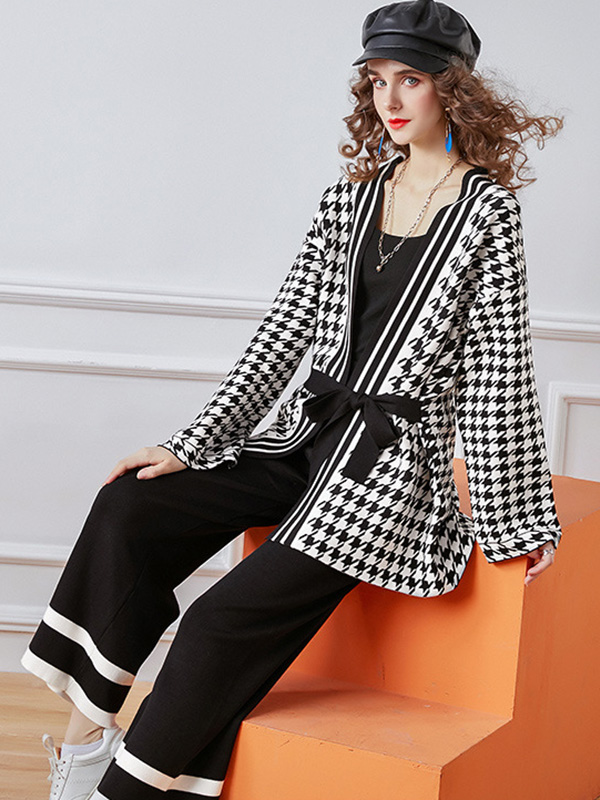 Black Houndstooth Cardigan and Wide Leg Pants Set