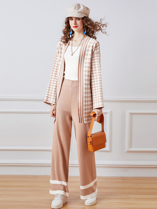 Pink Houndstooth Cardigan and Wide Leg Pants Set