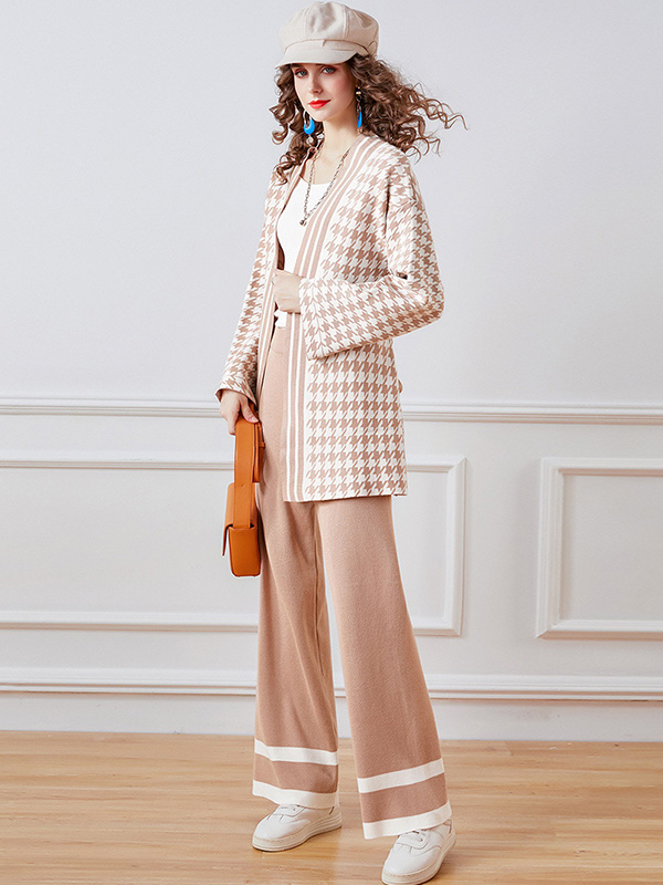 Pink Houndstooth Cardigan and Wide Leg Pants Set