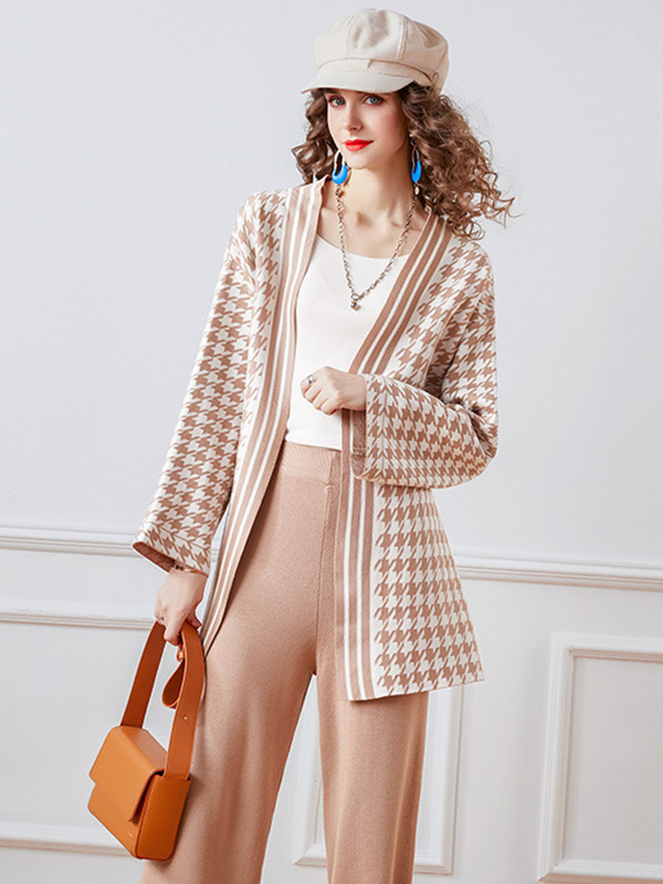 Pink Houndstooth Cardigan and Wide Leg Pants Set