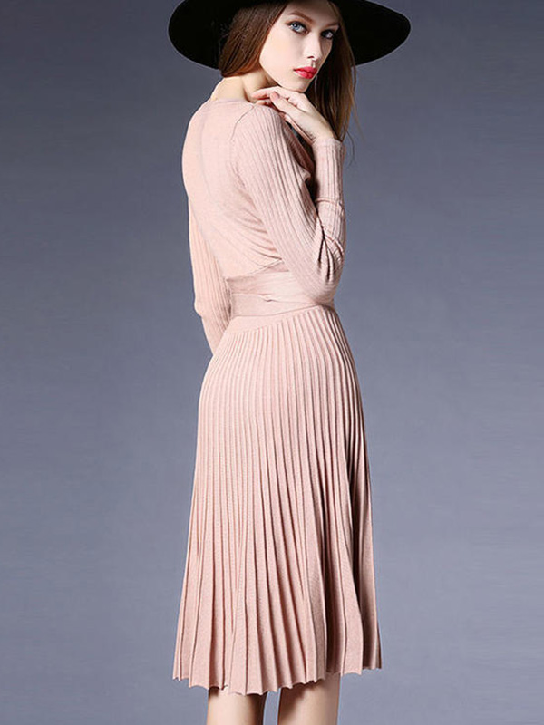 Pink V Neck Knit Wrap Dress