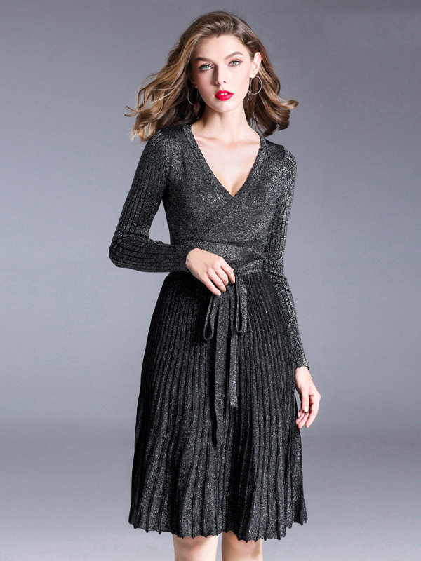 Black V Neck Knit Tie Waist Wrap Dress